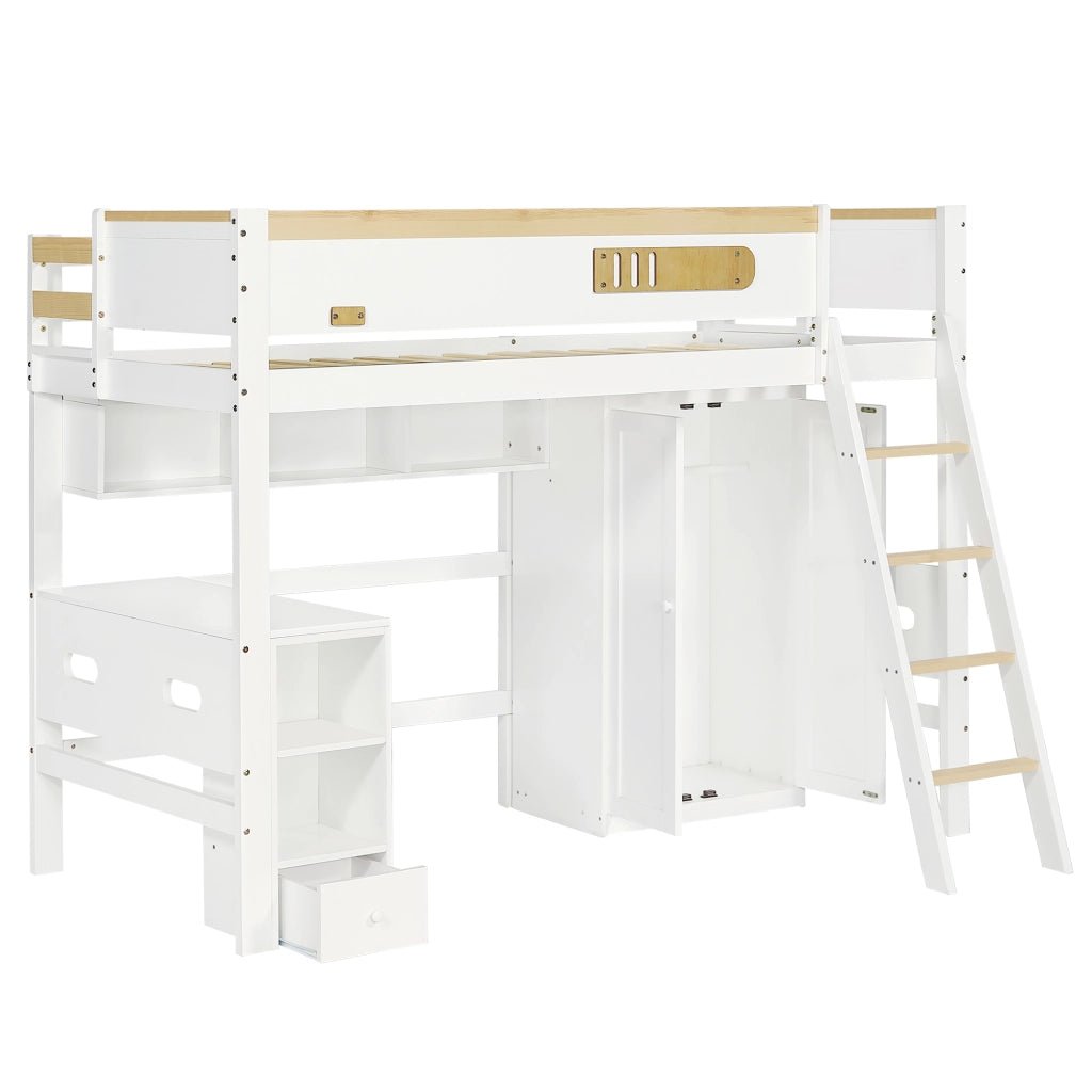 LETTO A CASTELLO con scrivania e armadio 90 x 200 cm bianco naturale