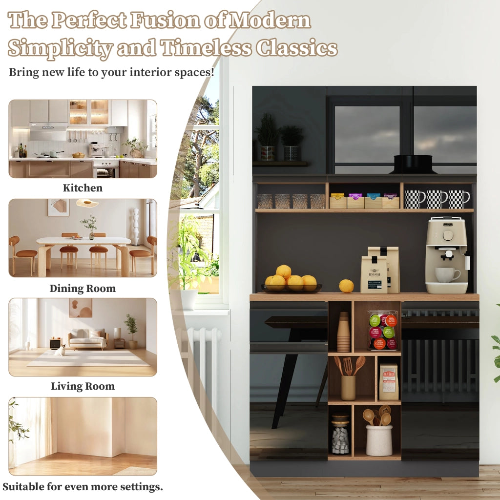 Credenza da Cucina con Ante; Cassetto; Ripiani Regolabili e Vani Aperti in MDF 105x45x185 cm Nero e Naturale