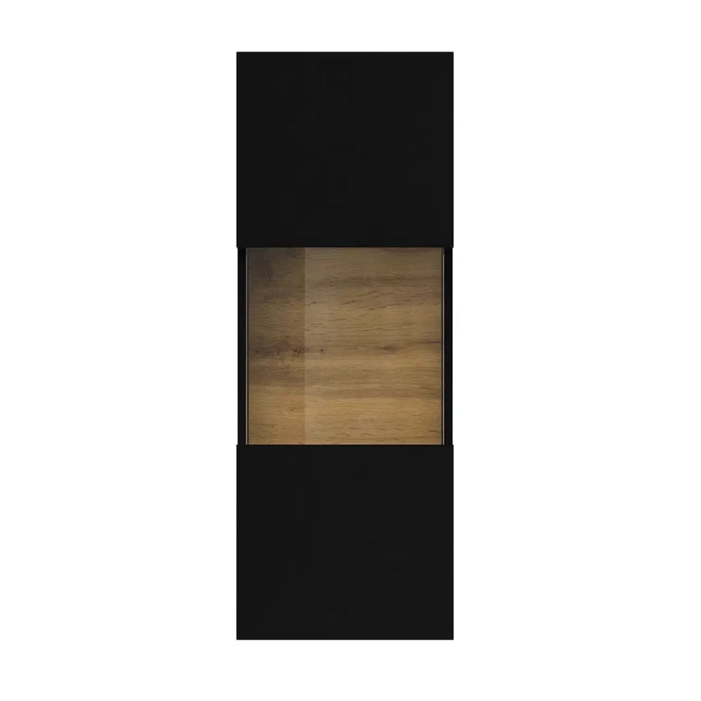Piccola vetrina sospesa a 1 porta parzialmente vetrata collezione EVA. Colore nero e rovere.