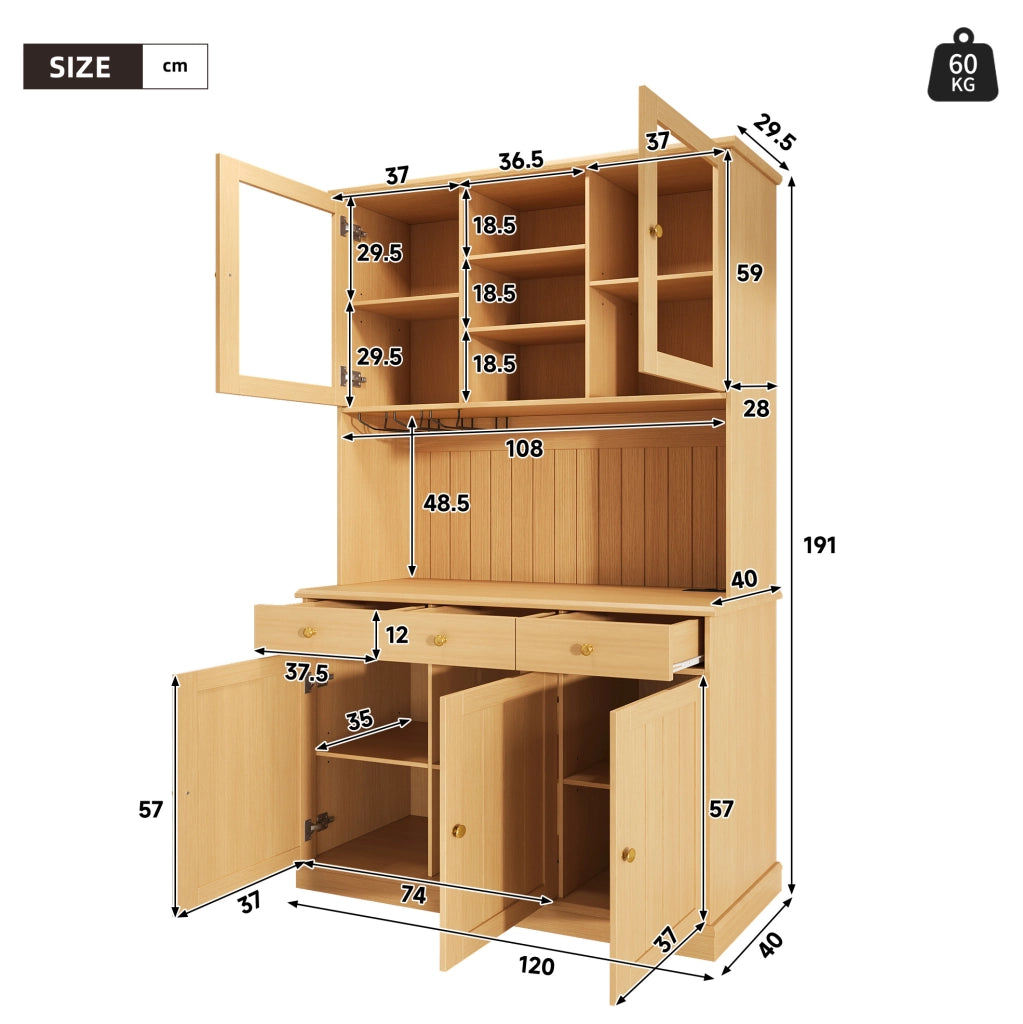 Credenza alta 120x40x191 cm con portabicchieri e prese integrate; truciolare; naturale