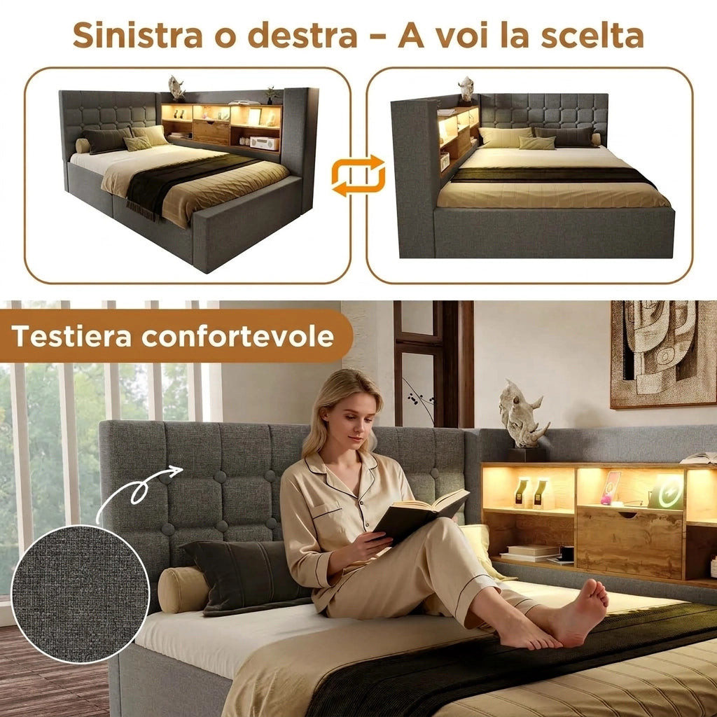Letto contenitore 140x190 cm con LED e Prese USB; Letto imbottito grigio in Lino con Testiera a L