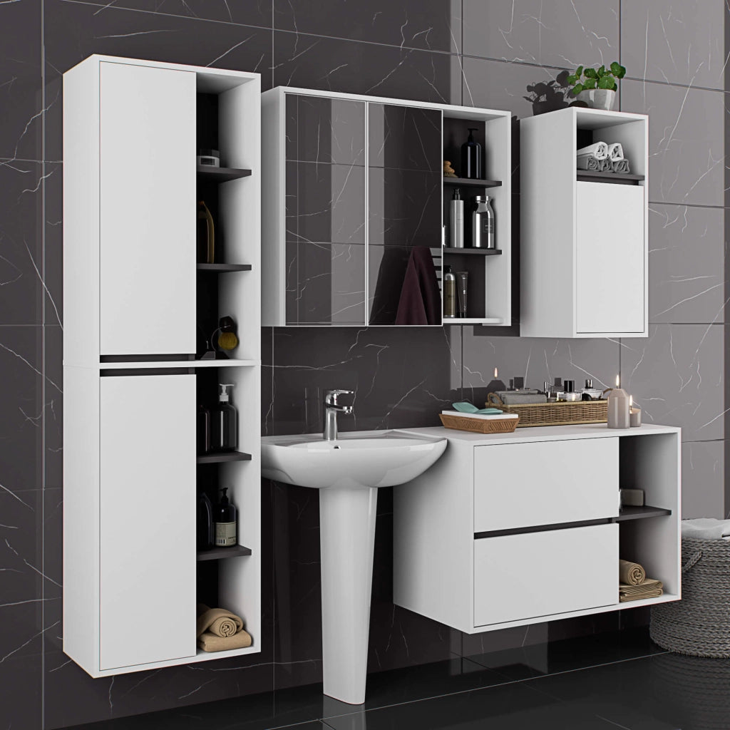Pensile bagno con specchio VAMI Bianco, Grigio Grafite 90 cm 2 ante 90x15x75 cm