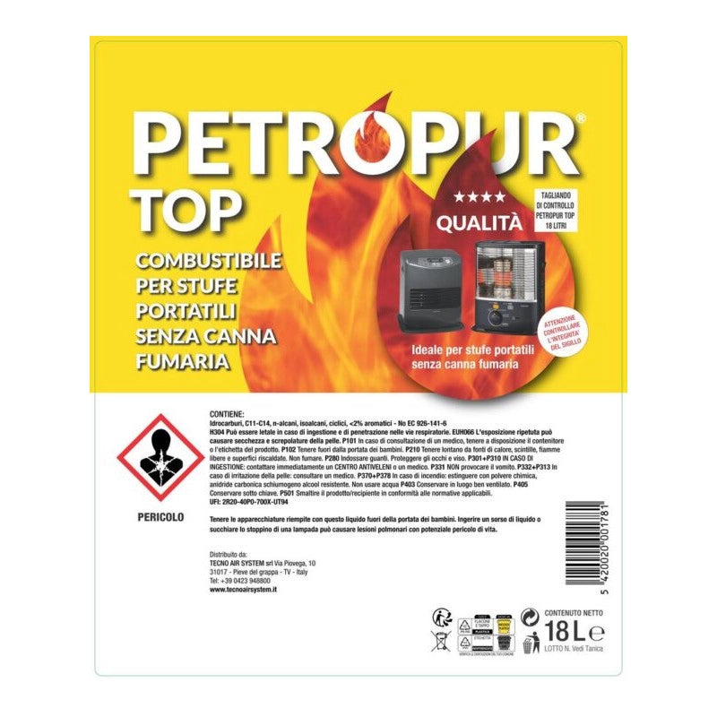 Combustibile liquido Petropur Top 18 L – ridotto tenore di aromatici, combustione pulita, nessun fumo – Tecno Air System