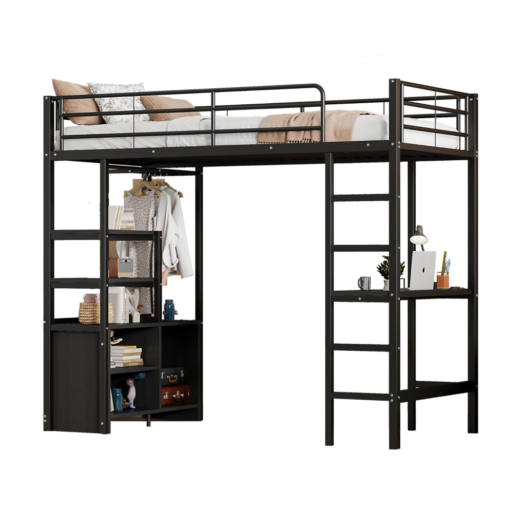 Letto a soppalco 90x200 cm con scrivania, ripiani e prese USB, nero