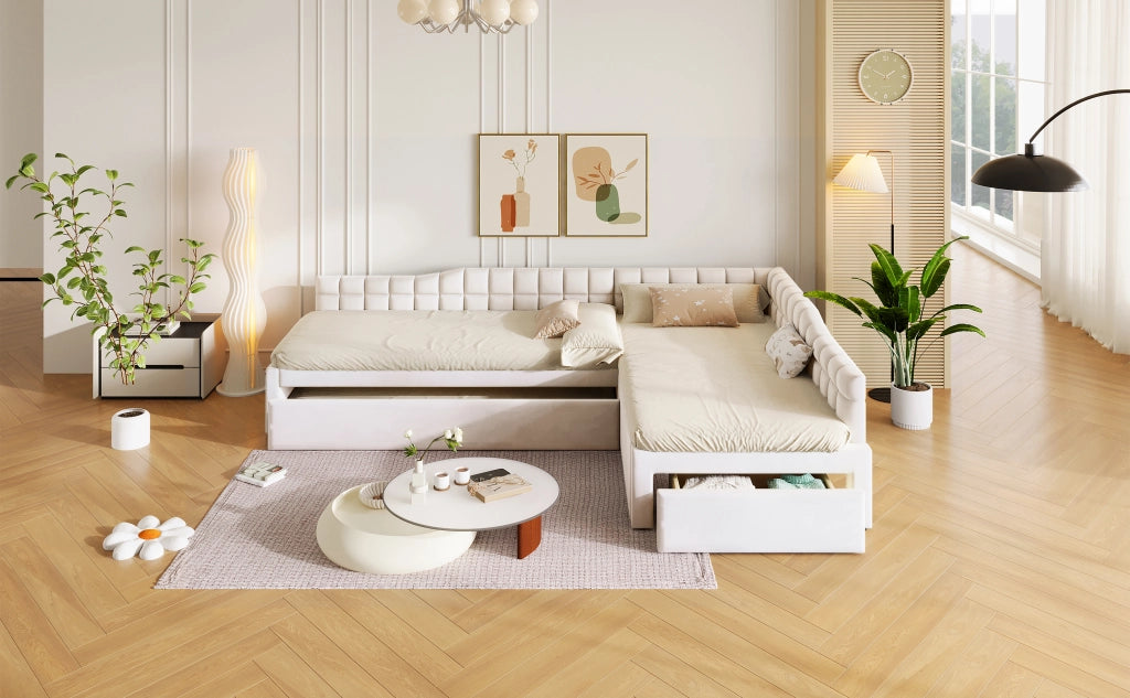 Letto combinato 90 × 200 cm con letto estraibile, 2 cassetti, senza materasso, in flanella beige