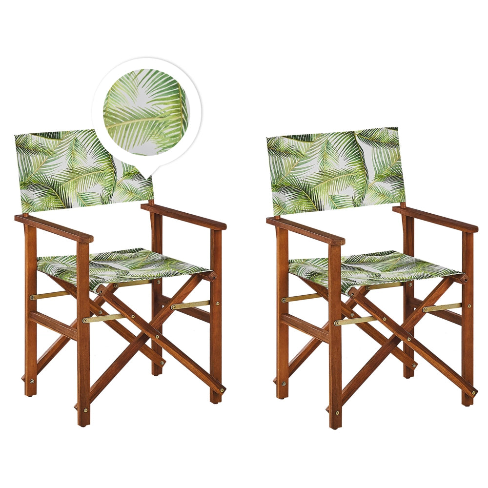 Set di 2 Sedie da regista per Giardino in Legno Scuro Trama Foglie di palma con 2 Tele intercambiabili