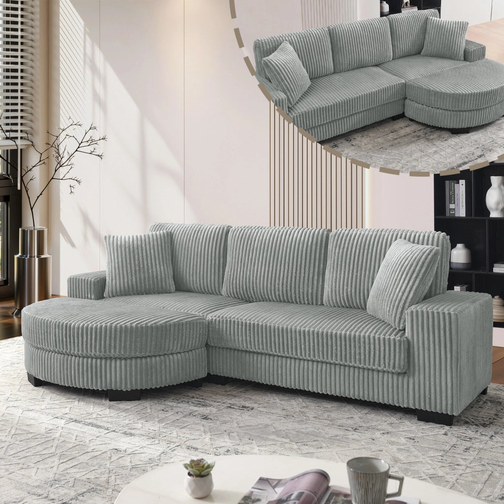 Divano angolare 4 posti - con pouf ovale reversibile e 2 cuscini - in corduroy - grigio