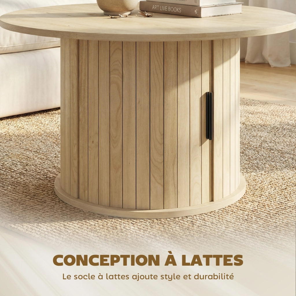 Tavolino da caff¨¨ rotondo con scaffale e porta scorrevole ¨C zephmum ¨C effetto legno naturale