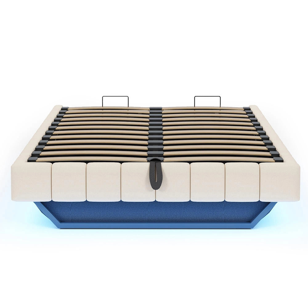 Letto-Xylo-140x200 cm-idraulico, LED, senza testiera, lino beige