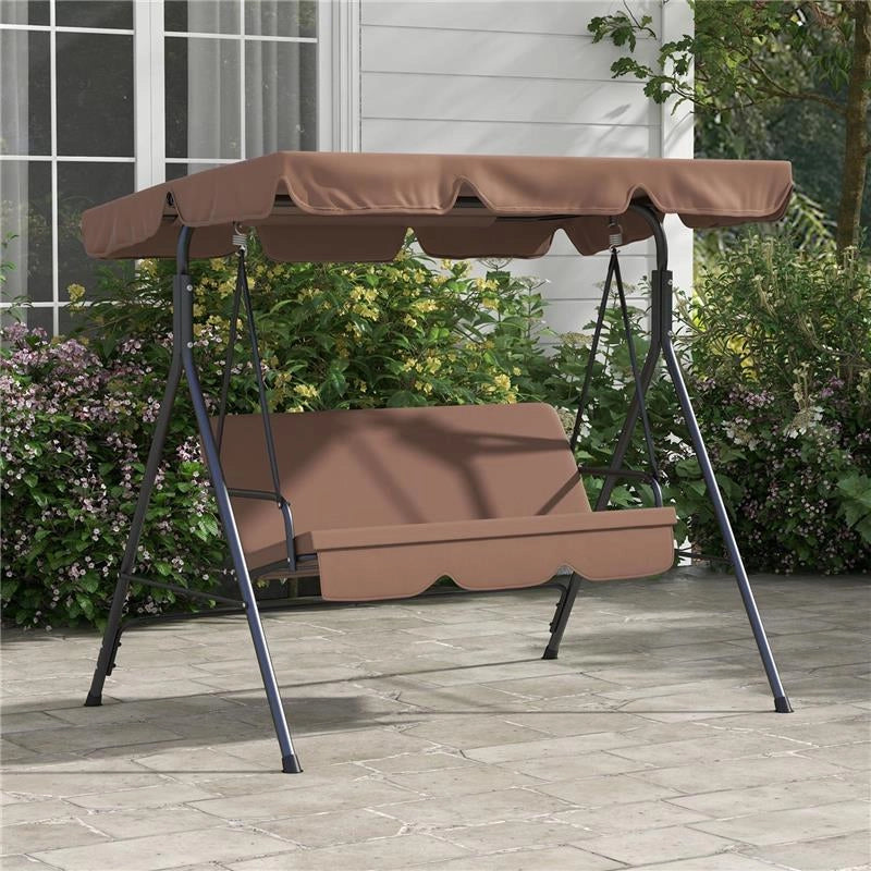 DONDOLO DA GIARDINO A 3 POSTI CON TETTUCCIO PARASOLE INCLINABILE E CUSCINI, 172X110X153 CM, MARRONE E NERO