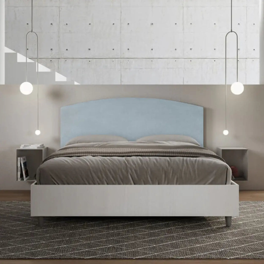 Letto matrimoniale con rete 160x200 bianco frassino testata microfibra azzurro Antilia