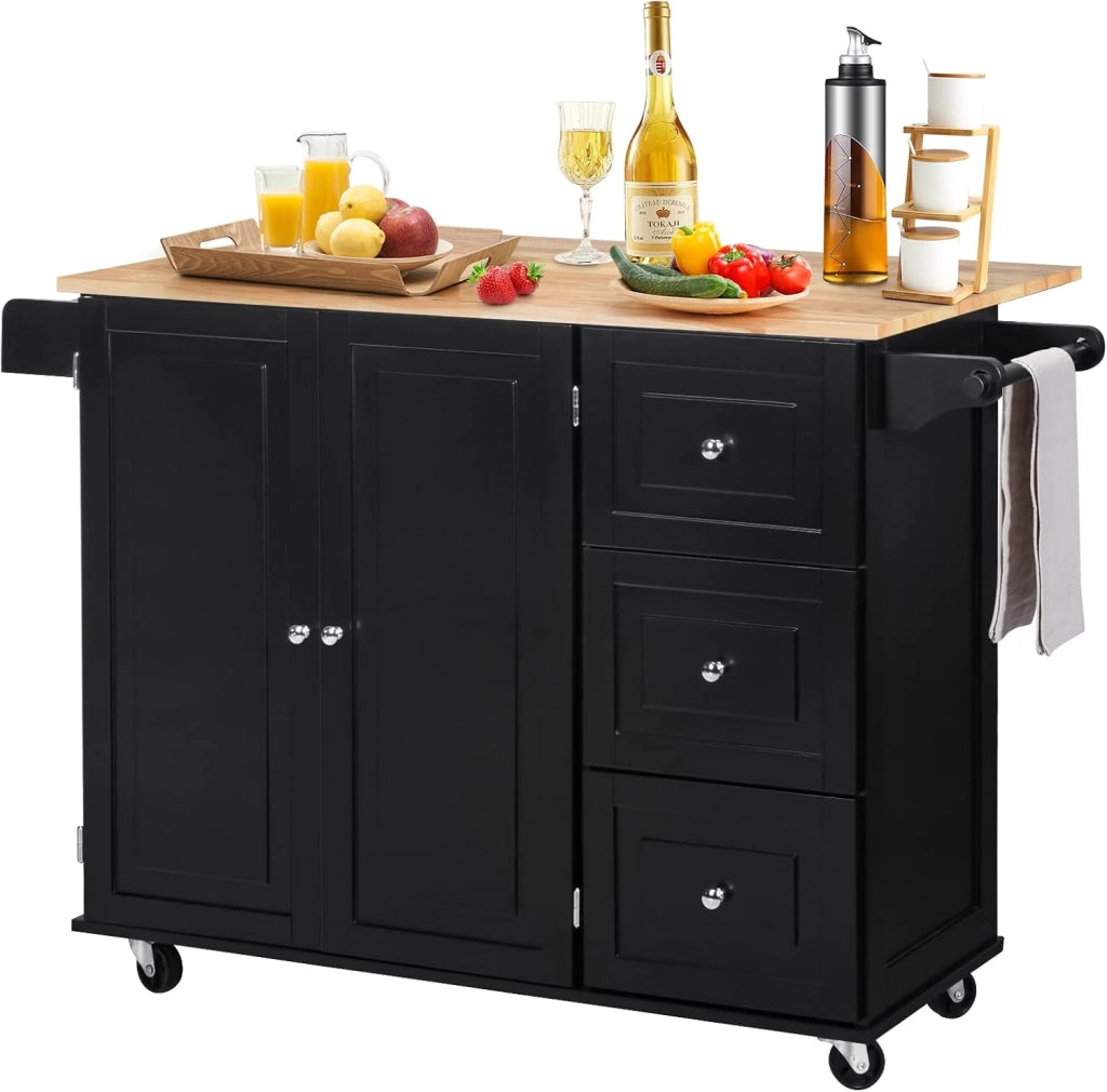 Carrello da Cucina, Credenza Mobile Salvaspazio, Ruote con 2 Freni, Piano Pieghevole, 2 Ripiani Regolabili, 3 Cassetti, 2 Ante, Portaspezie e Portasciugamano, 111x76x91 cm, Nero