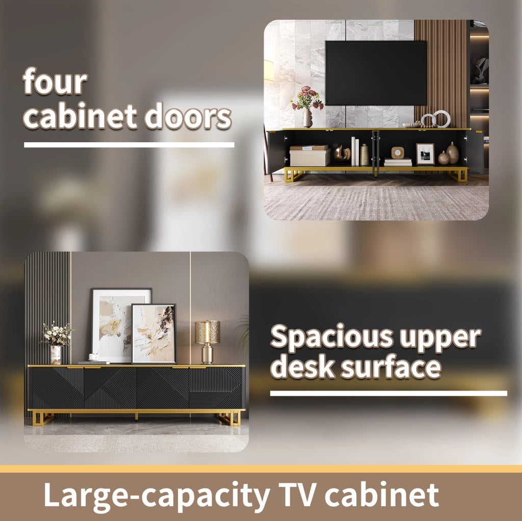 Mobile porta TV geometrico a quattro ante in MDF nero e oro con passacavi, 160 × 37,5 × 48 cm