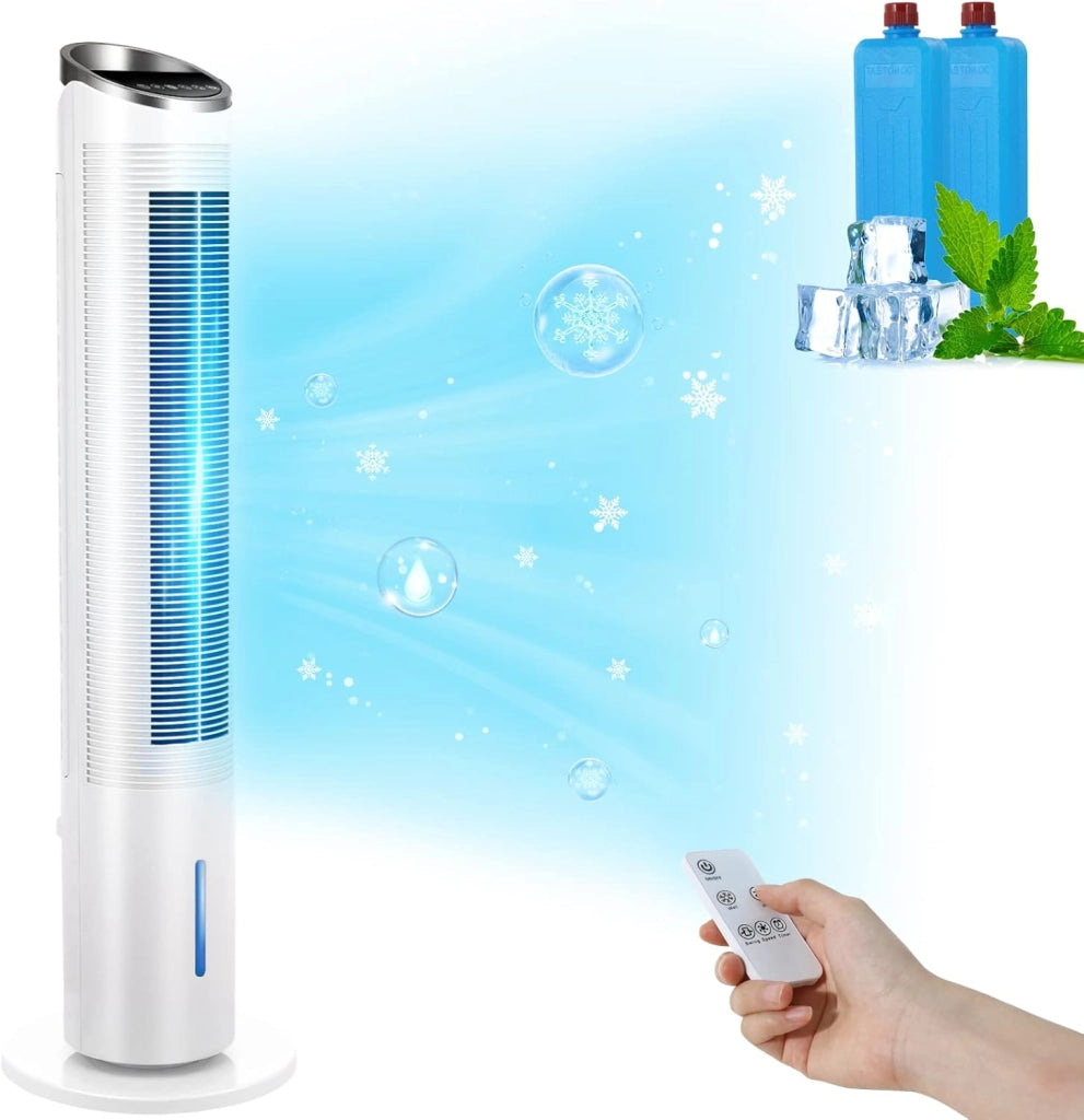 Ventilatore a Torre da 101 cm con Telecomando e Raffreddamento ad Acqua, Timer 8 Ore, Pulizia 4 In 1, con Raffreddamento, Umidificazione, Pulizia per Camera da Letto, Soggiorno, Ufficio
