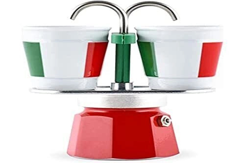 Bialetti 0007309-MR Mini Express Italia Caffettiera Moka 2 tazze 90 ml con 2 Tazzine in Porcellana colore Rosso