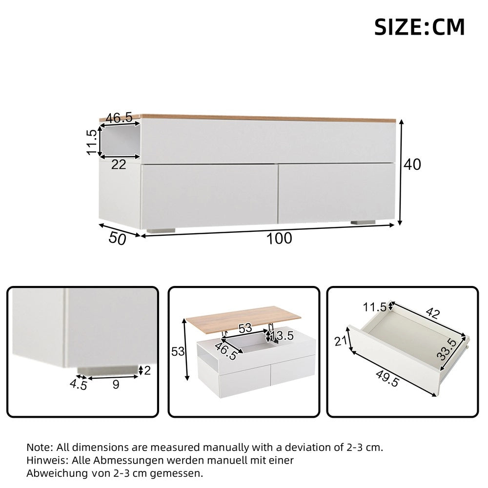 Tavolino da Caff¨¨ con 2 Cassetti e Ripiano ¨C MINIMAL ¨C Bianco/Legno 100x50x40
