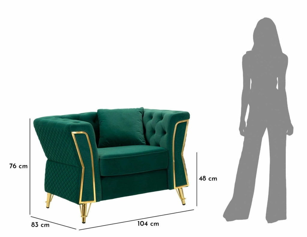 Poltrona Gabbiano, Seduta imbottita, Divano singolo da salotto, Sedia con braccioli, 104x83 h76 cm, Verde e Oro