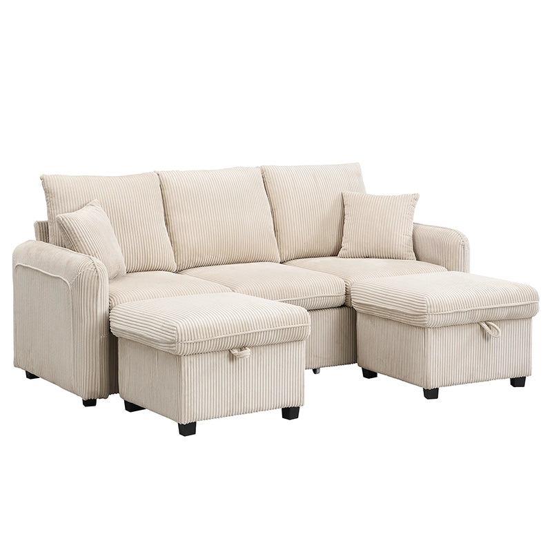 Divano angolare multifunzionale - Zephmum- U-Forma, tre posti, tessuto cord, con cassetti e pouf