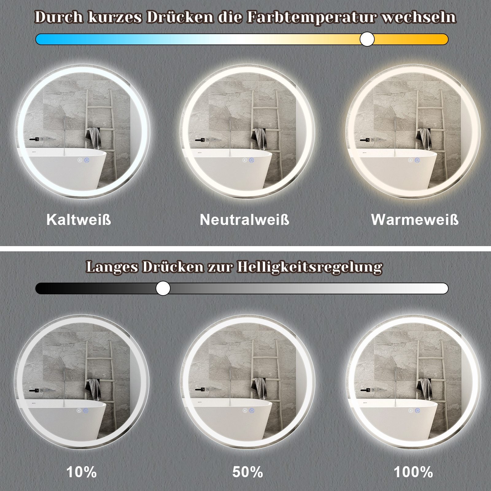 ZMH Specchio da bagno con funzione antiappannamento IP44 Rotondo Bianco Specchio da bagno variabile