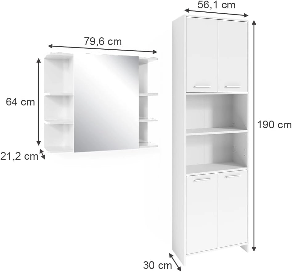 Set di mobili da bagno Maris, Bianco, 2 pezzi, con colonna e mobile a specchio per bagno, composto da armadio alto e armadietto a specchio