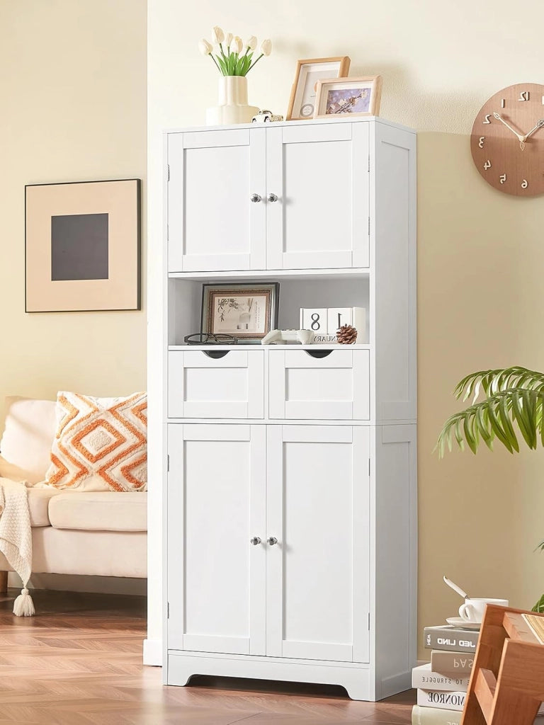 Mobile alto da bagno con 2 ripiani aperti, 2 cassetto, credenza multiuso, 60 x 30 x 147 cm, bianco