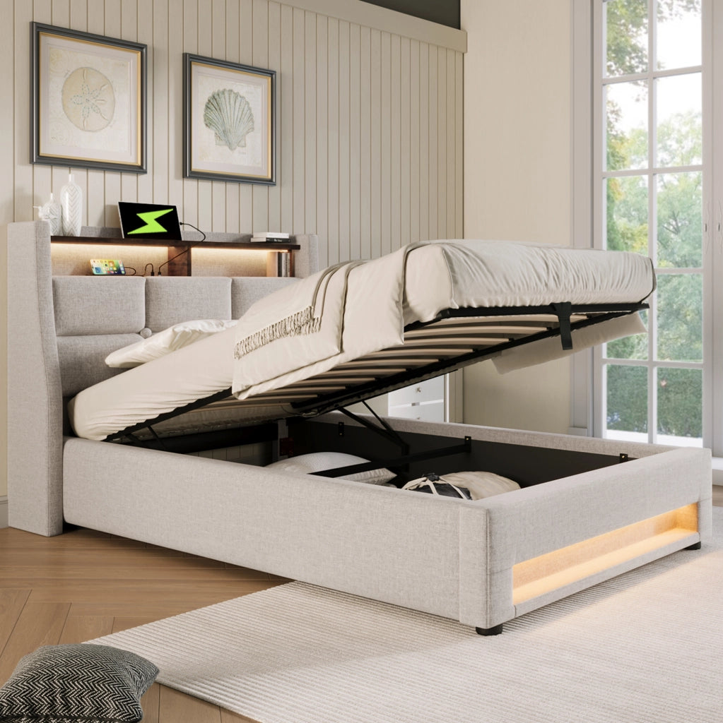 Letto singolo imbottito 90x200 cm beige con LED, USB e contenitore