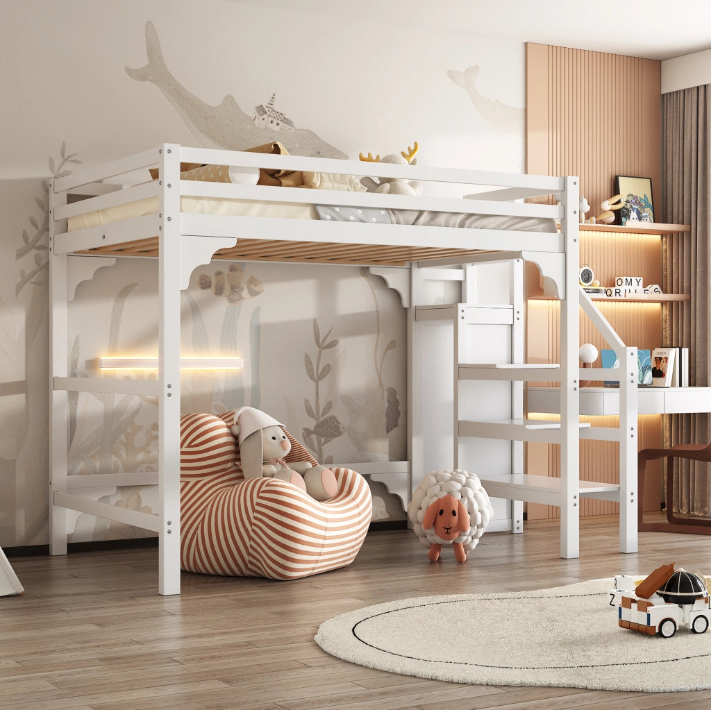 Letto a soppalco 140x200 cm; con armadio e scala contenitore; pino e MDF; bianco