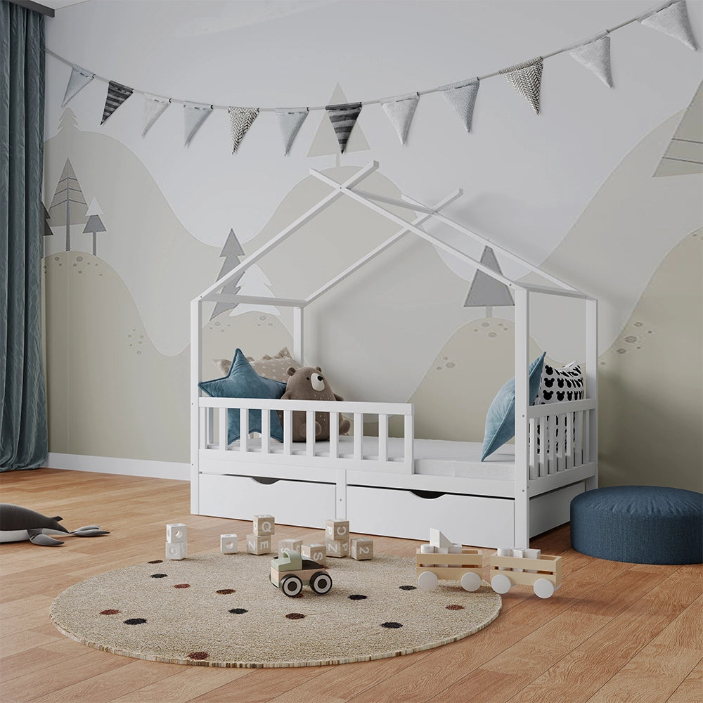 Vitalispa Letto montessori bambini Bianco 80x160 cm con 2 cassetti e materasso