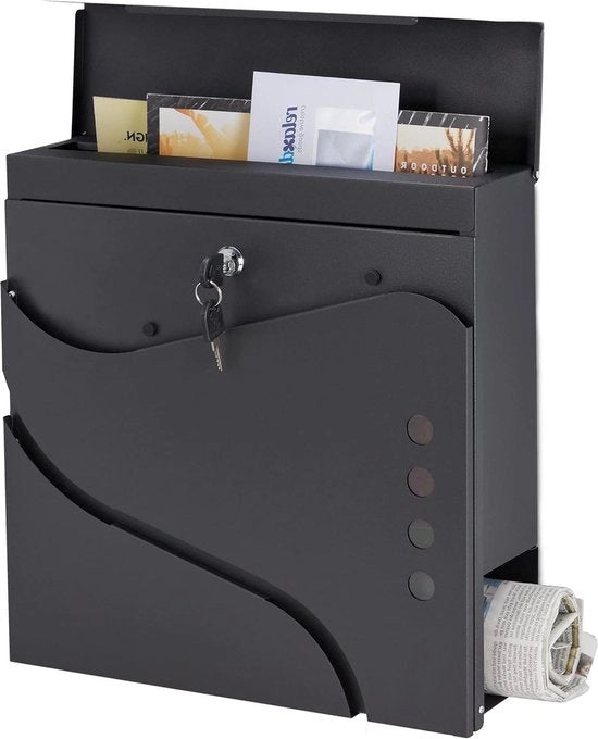 Scatola della Posta con Blocco Rotolo di Giornale e 2 Chiavi - Design Moderno - Acciaio a Scacchiera Nero - 37 x 37 x 11 cm