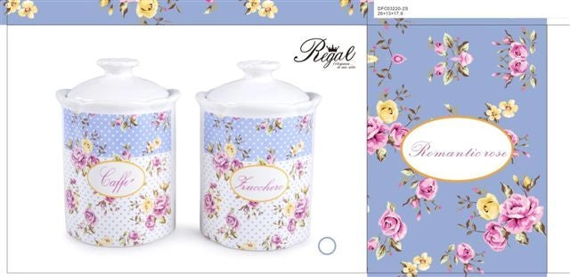Set Bis Barattoli da Cucina Zucchero e Caffè in Ceramica Romantic Rose