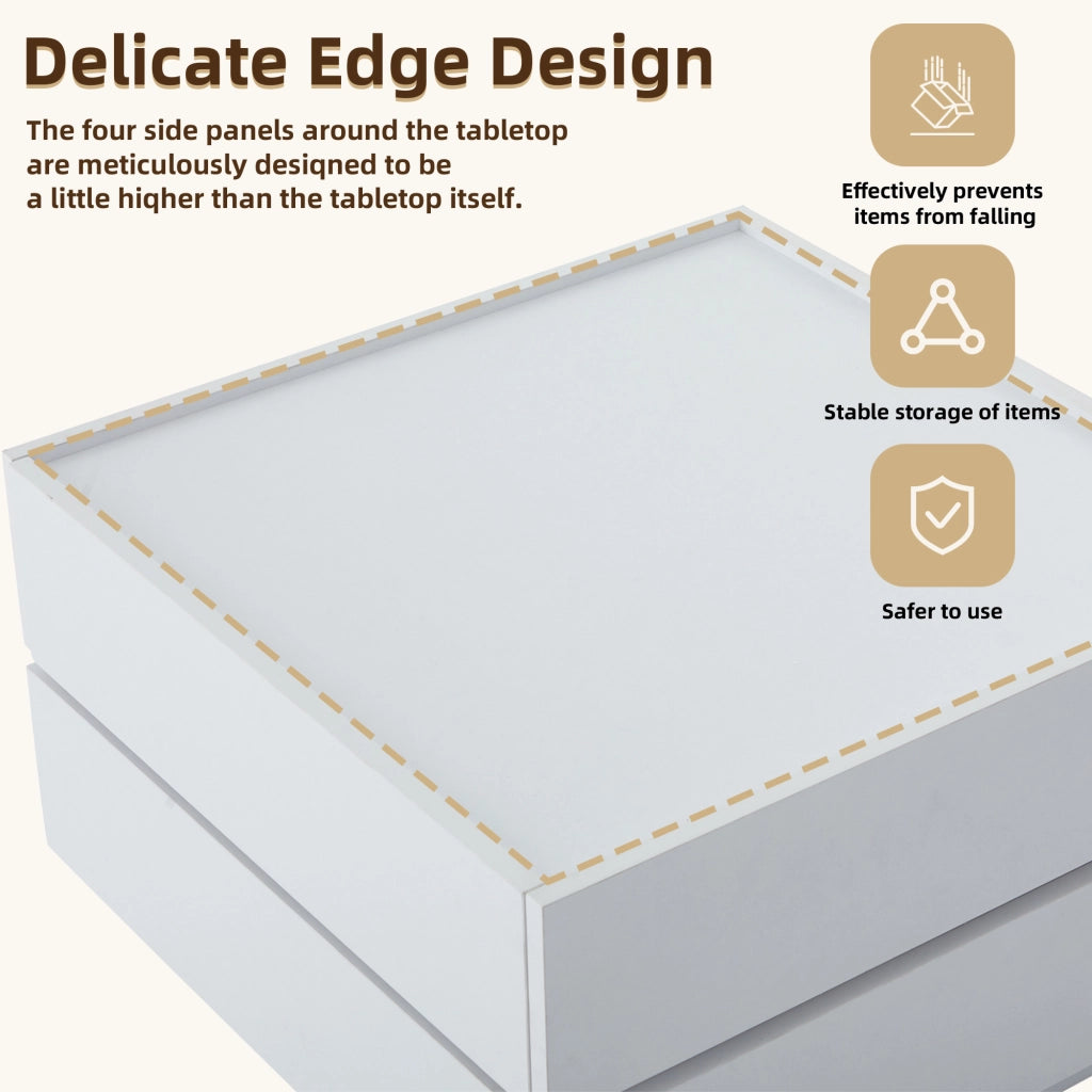 Tavolino basso con piano girevole a 360° e 2 cassetti per soggiorno, in pannello truciolare bianco, 60 × 60 × 38 cm