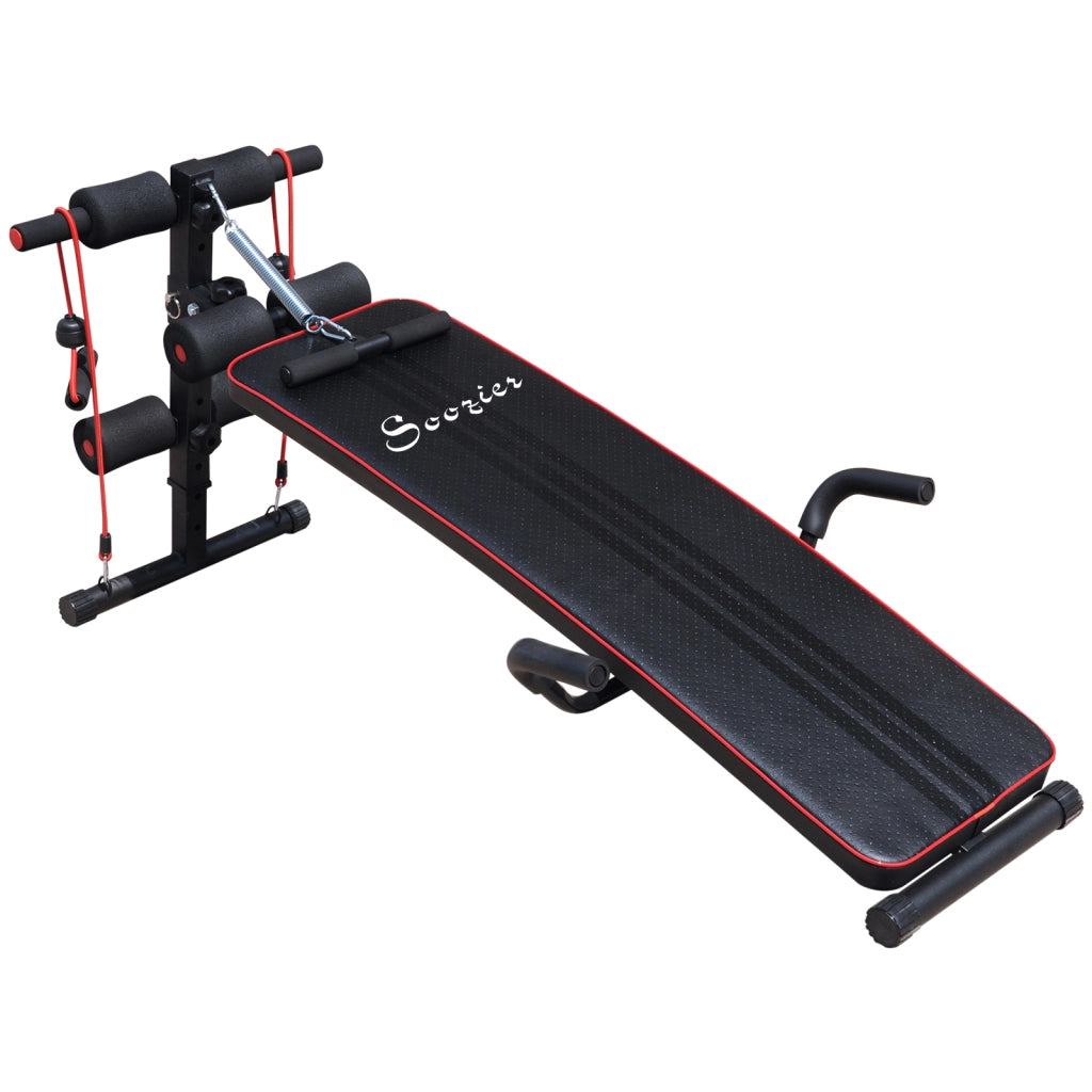Panca Multifunzione con Vogatore a Molla e Schienale Regolabile e 2 Corde Elastiche, 55.5x137.5 cm Nero