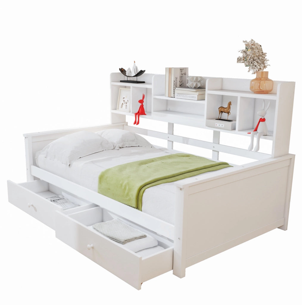 Divano letto 90x200 cm in legno con 2 cassetti e vani laterali; bianco
