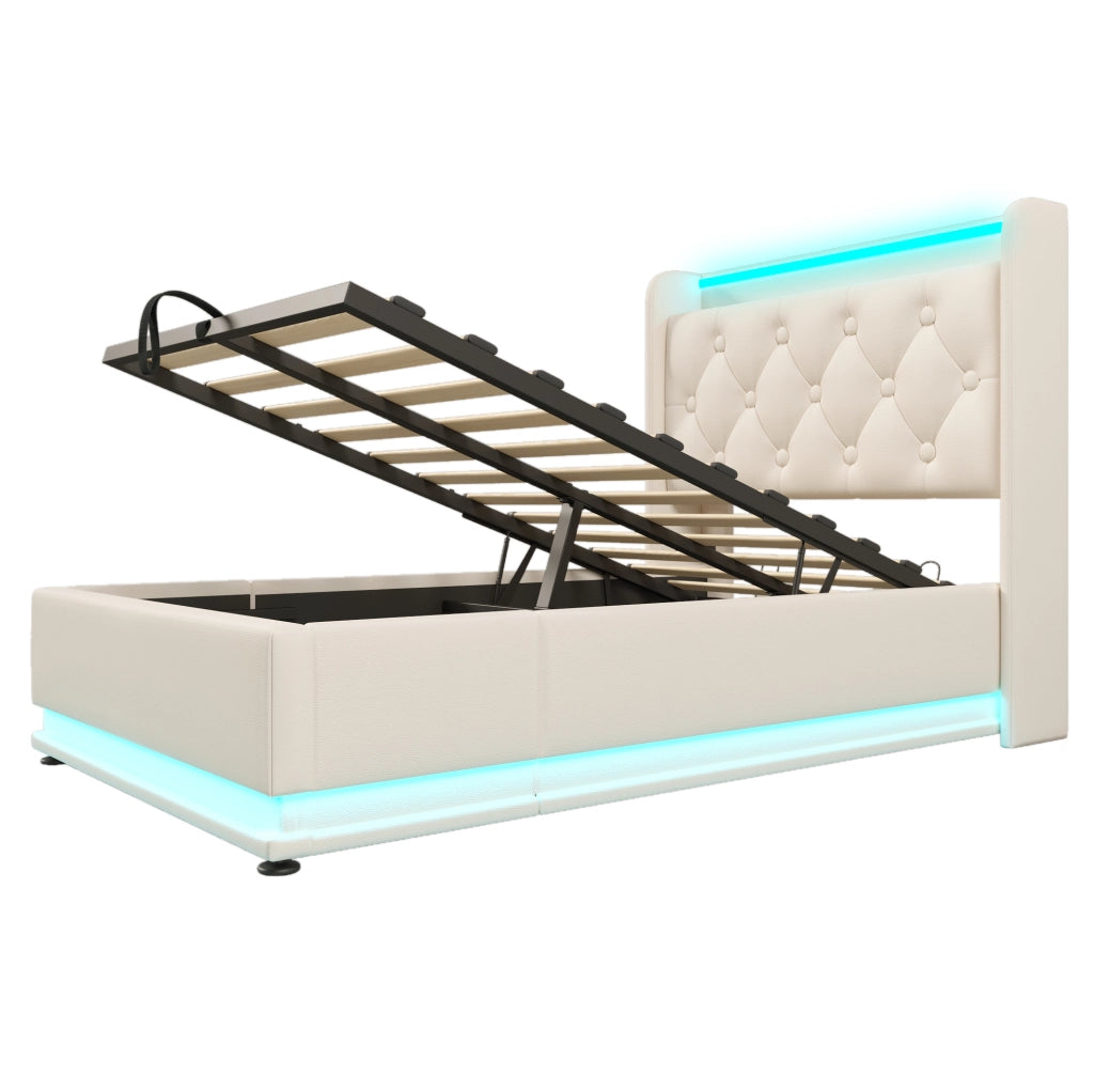Letto singolo imbottito 90x200 cm in PU bianco con LED; USB e contenitore idraulico