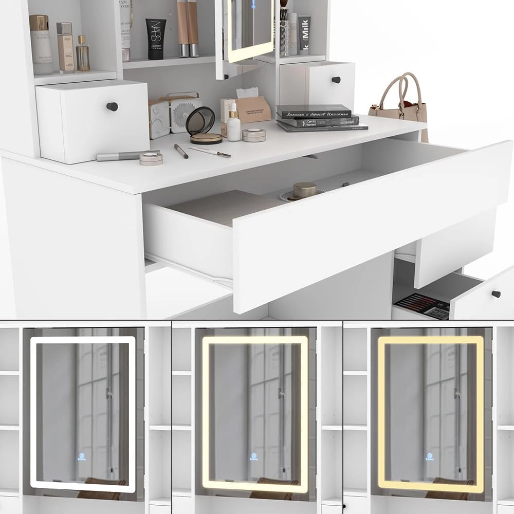 Tavolo da toilette Livora, Bianco, 105.5 cm con specchio a LED, con illuminazione LED regolabile senza scatti e specchio