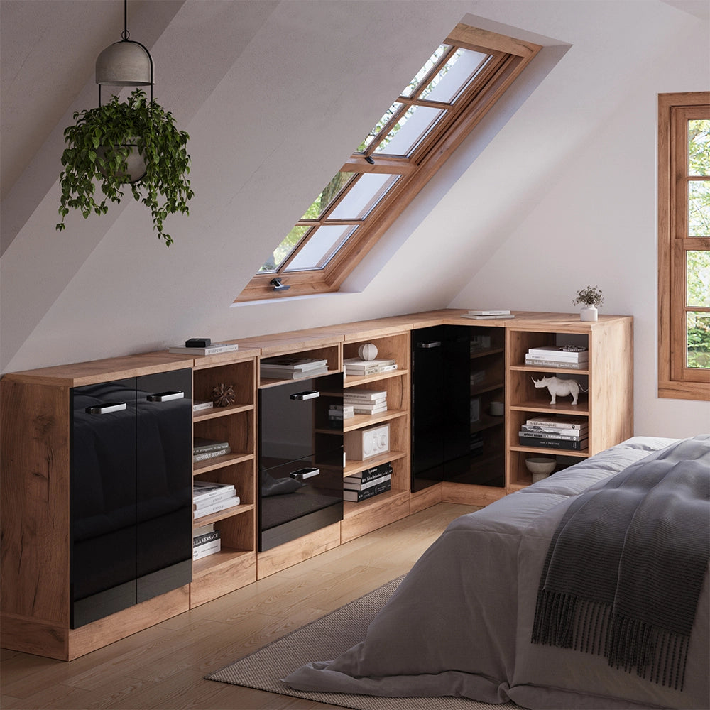Mobile cucina angolare per sottotetto R-Line Nero lucido/Rovere dorato 75.6 cm con 1 porta, carcassa dell’armadio profondità 60 cm Vicco