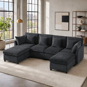Divano modulare 4-6 posti in chenille grigio con 2 pouf