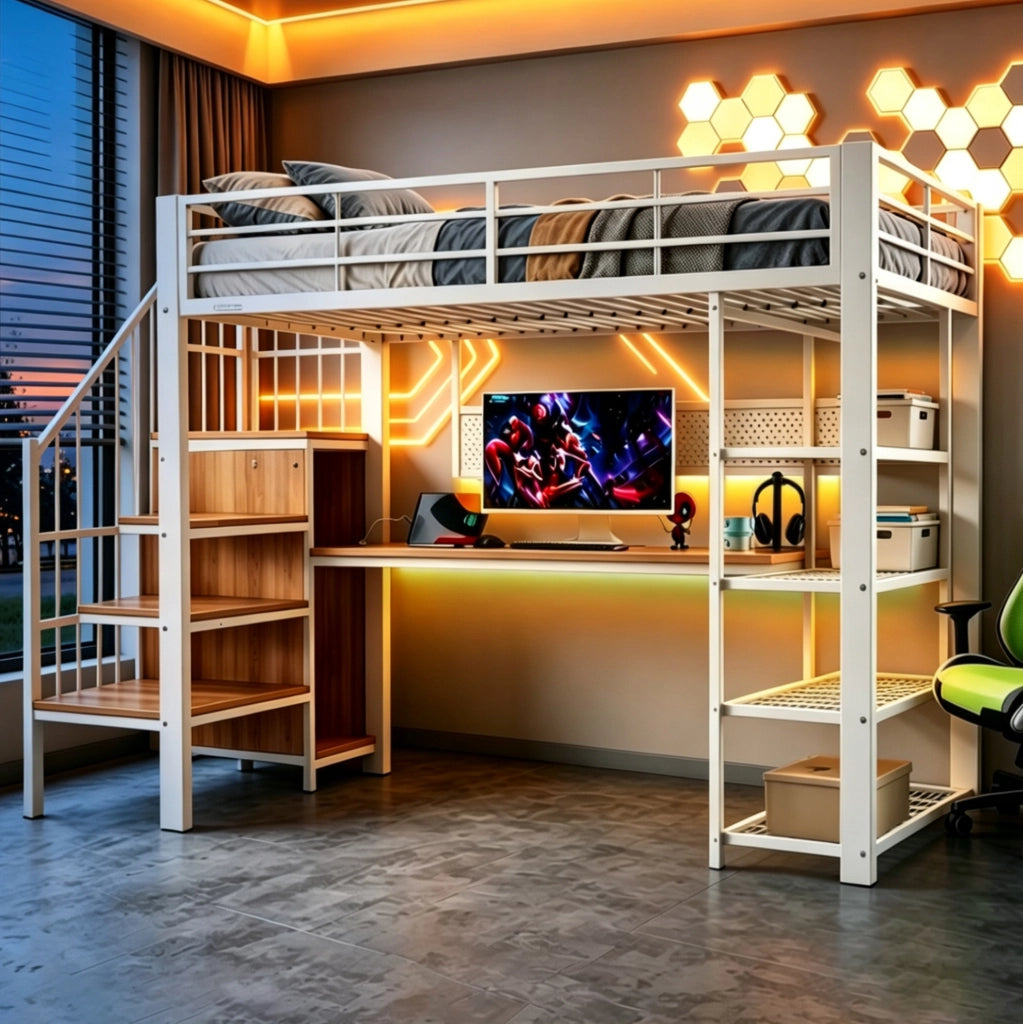 Letto a soppalco 90x200 cm con scrivania, LED e prese