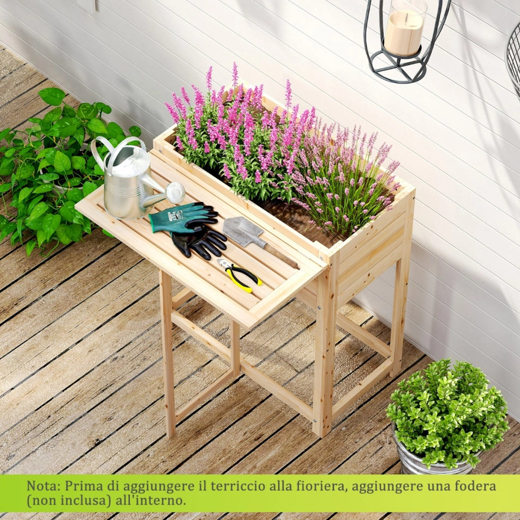 Letto da giardino rialzato in legno con gambe e tavolino laterale pieghevole, Fioriera elevata per fiori e verdure Naturale-Fioriere