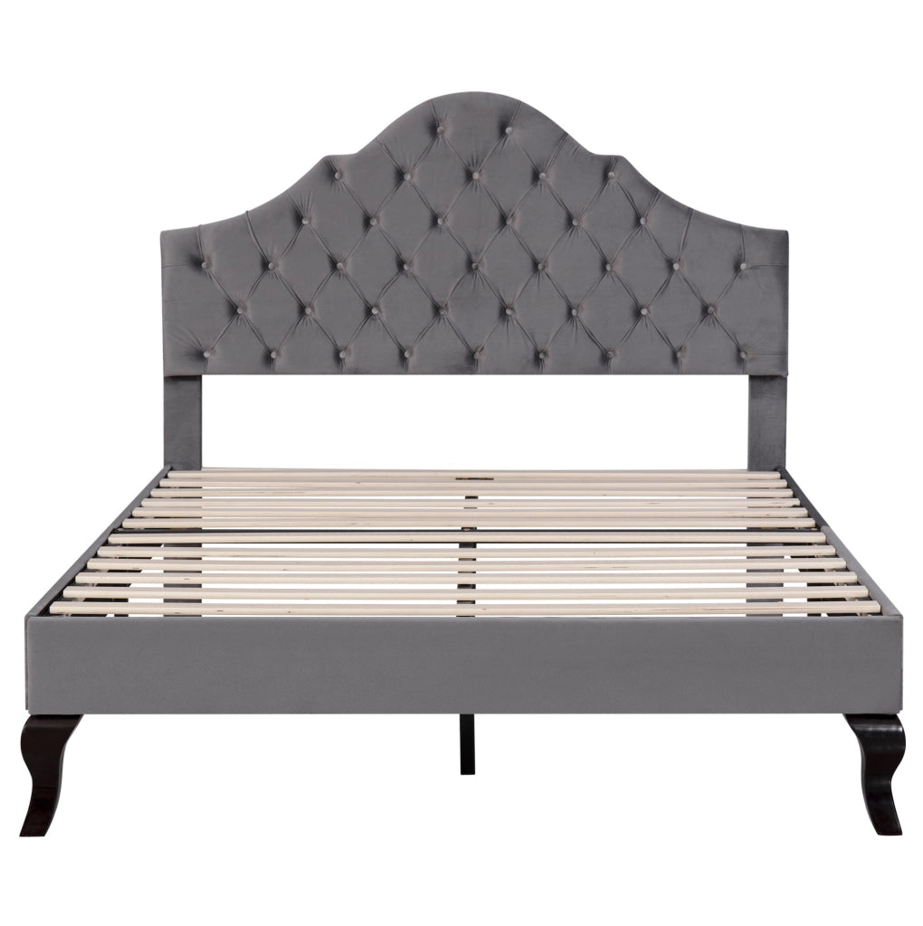 Letto imbottito matrimoniale 140x200 cm in velluto grigio con rete a doghe e testiera
