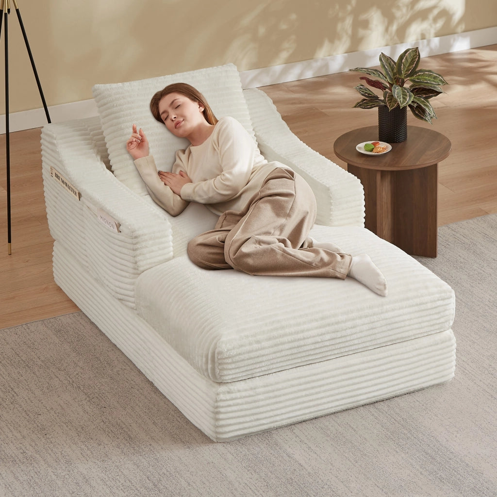 Poltrona reclinabile, poltrona con braccioli, divanetto singolo, velluto a coste, funzione letto, con cuscini, bianco