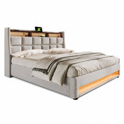 Letti contenitori 160x200 cm con LED e USB; in lino beige (Senza materasso)