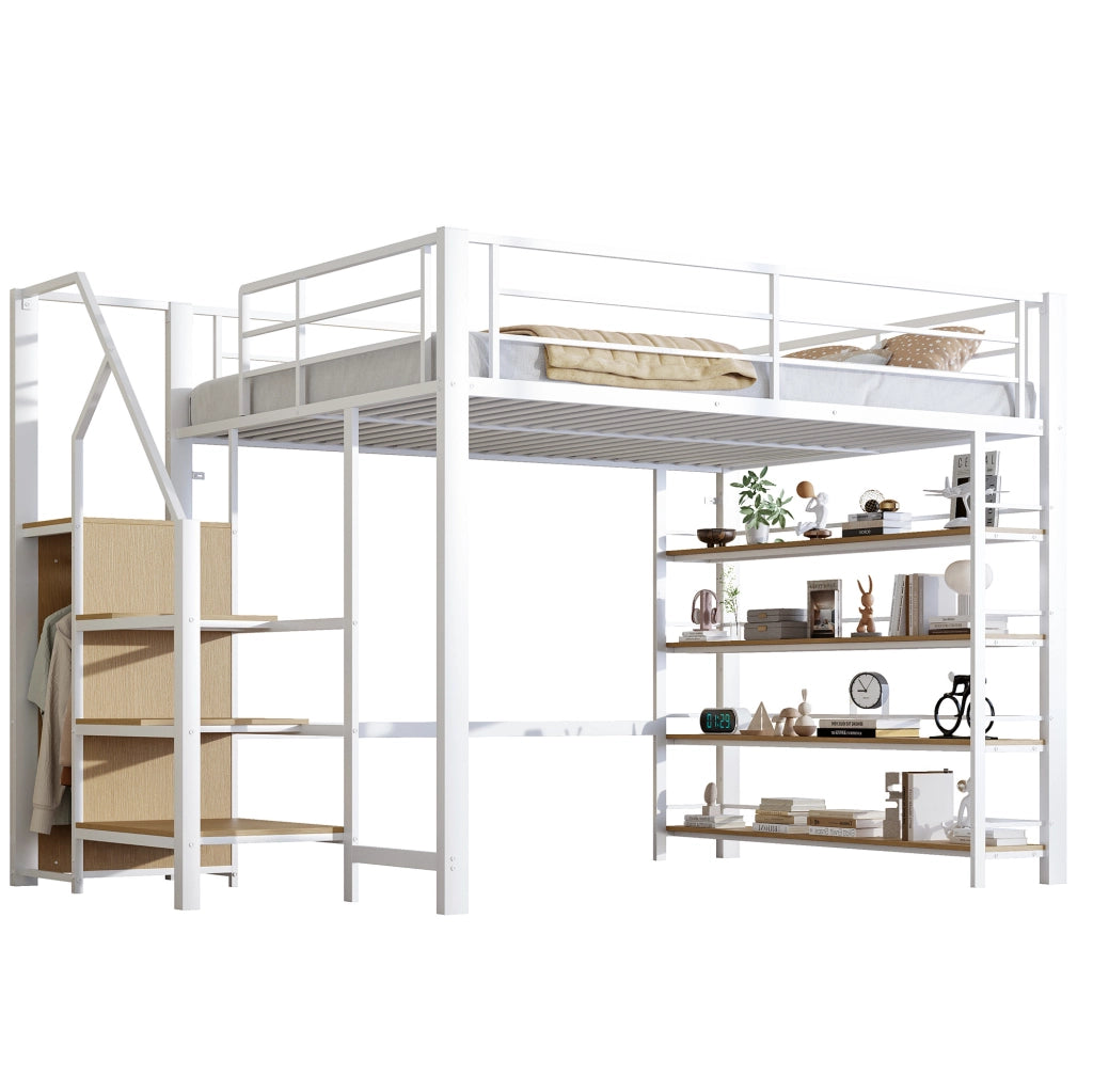 Letto a soppalco 140x200 cm in metallo con scala contenitore; armadietto e ripiani; bianco