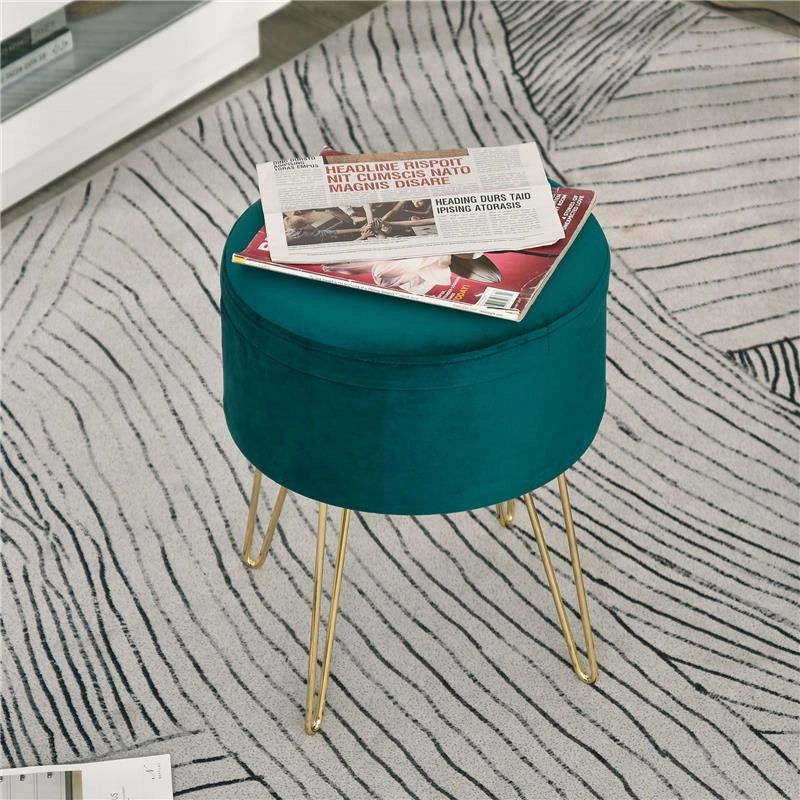 SGABELLO ROTONDO CON VANO CONTENITORE IN VELLUTO 36 X 36 X 45 CM VERDE E ORO