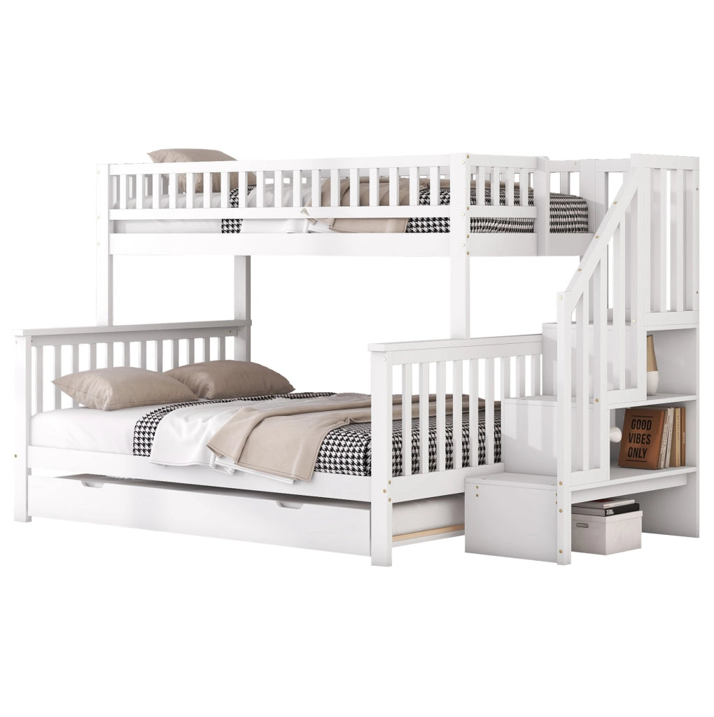 Letto a castello ULEVR 90x200 e 140x200 cm con letto estraibile, scala contenitore, pino e MDF, bianco