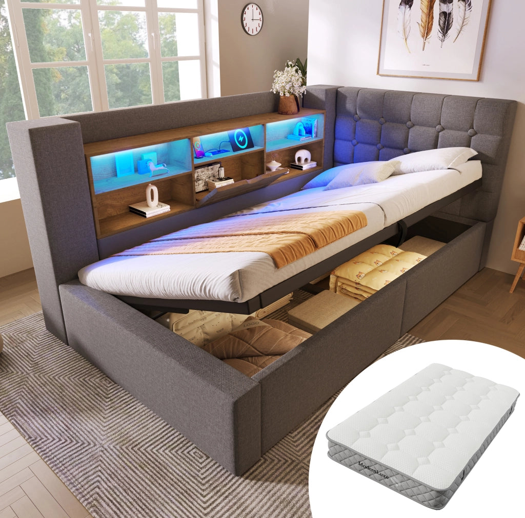 Letto singolo 90x200 cm con LED, ricarica USB-C e materasso