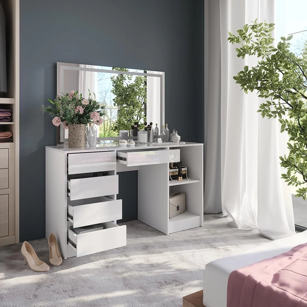 Tavolo da toeletta Sherry, Bianco/bianco lucido, 128.2 cm con specchio LED