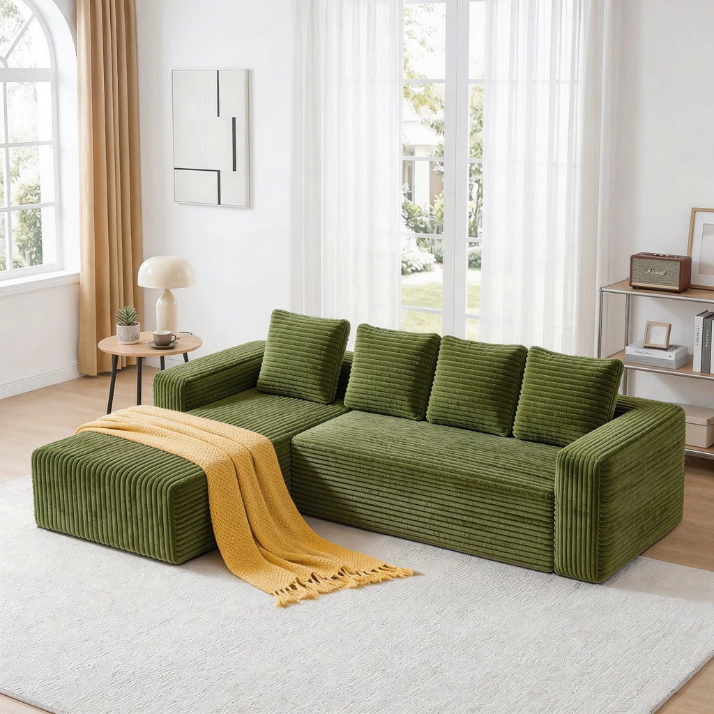 Divano angolare modulare reversibile con chaise longue e seduta profonda in velluto a coste verde 261 × 168 × 58 cm