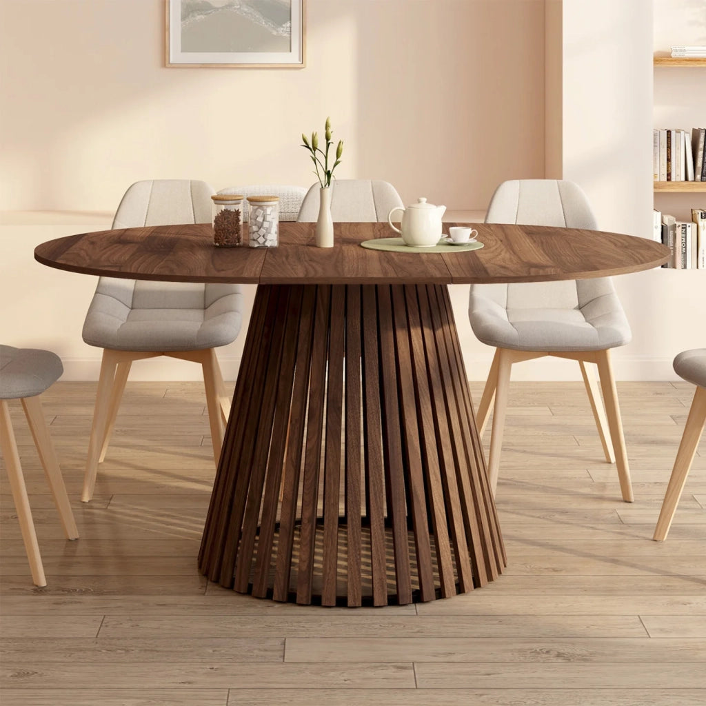 IDMarket - CARMEN tavolo da pranzo rotondo allungabile 4-8 persone con gamba a doghe in noce e piano in noce 110 - 150 cm