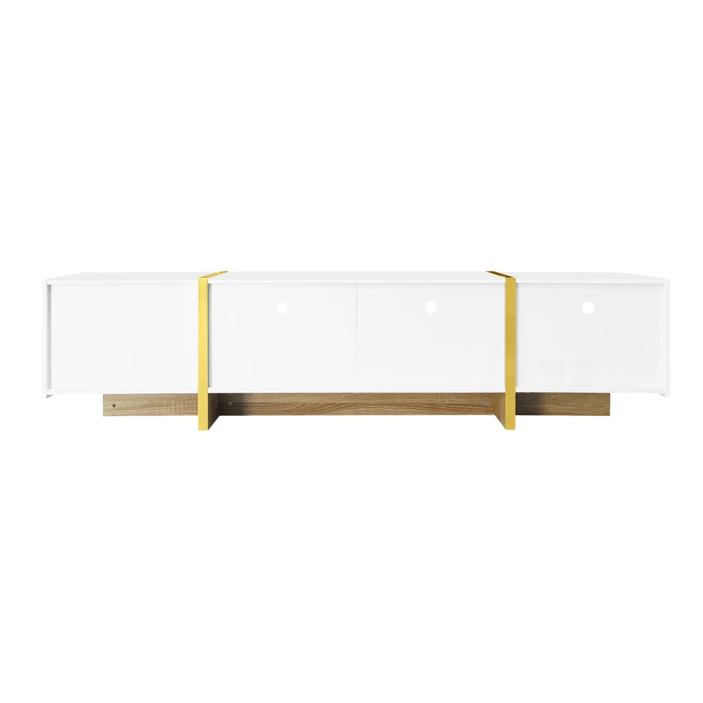 Mobile TV 190x35x45 cm; 2 cassetti e 3 ante con chiusura ammortizzata; MDF e pannello truciolare bianco e oro